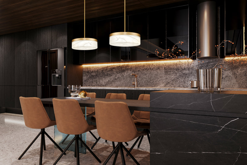 Renaud 1 Light 13" Pendant in Modern Gold in a room setting