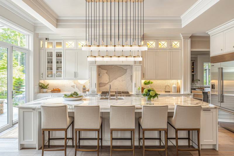 Renaud 23 Light 58.75" Linear Pendant in Modern Gold in a room setting