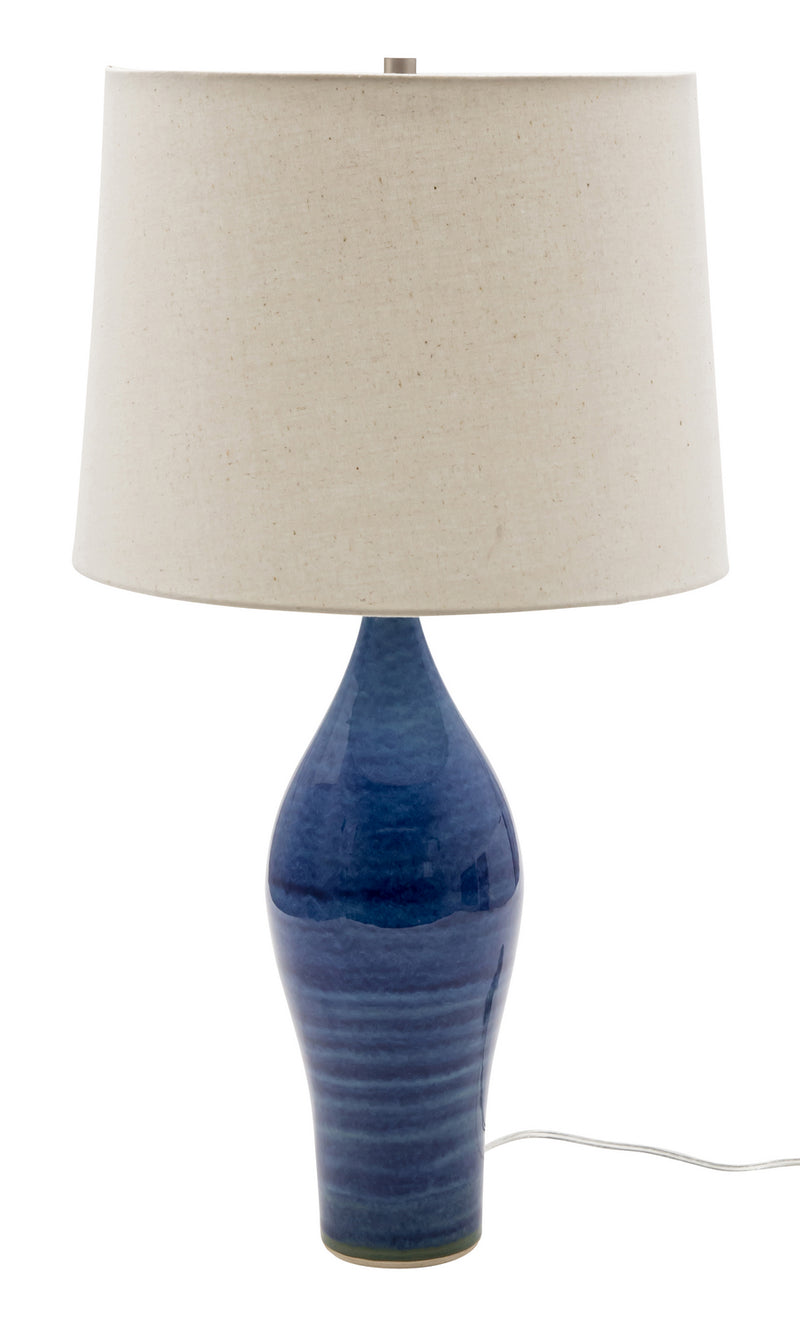 27 Inch Scatchard Table Lamp in Blue Gloss with Off White Linen Hardback