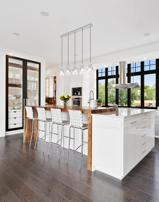 Aimie 5 Light 42" Linear Pendant, 13.25" Tall in Brushed Nickel in a room setting