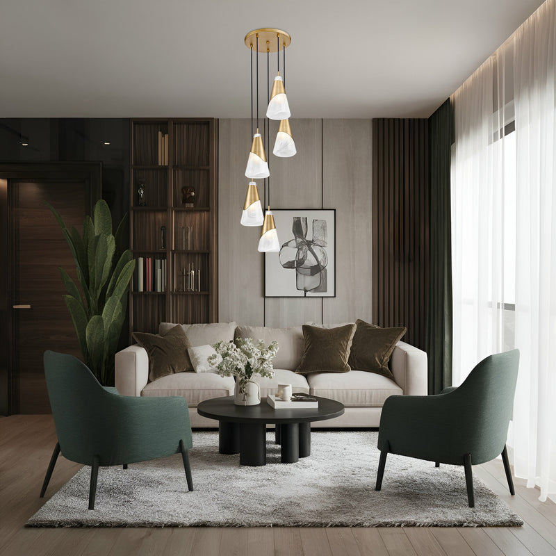Aimie 5 Light 12" Pendant, 13.25" Tall in Modern Gold in a room setting