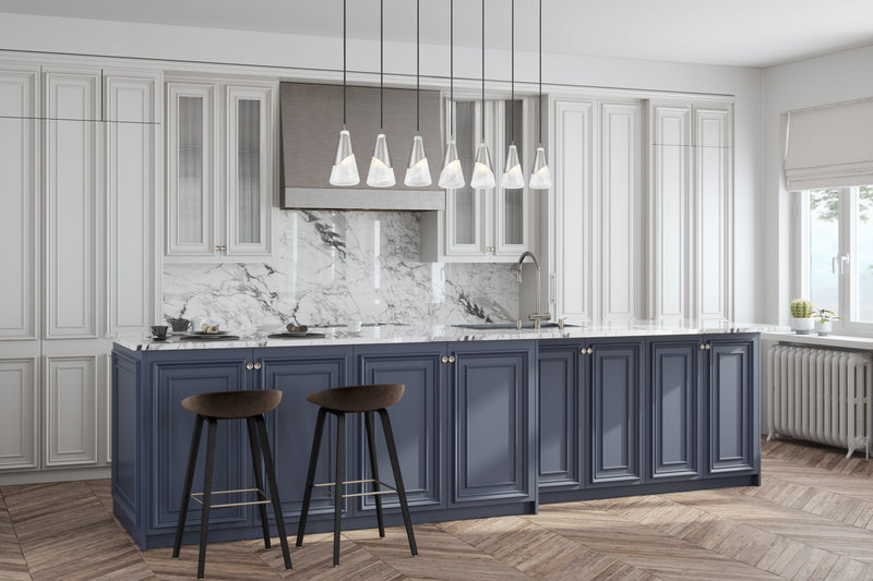 Aimie 7 Light 54" Linear Pendant, 13.25" Tall in Brushed Nickel in a room setting