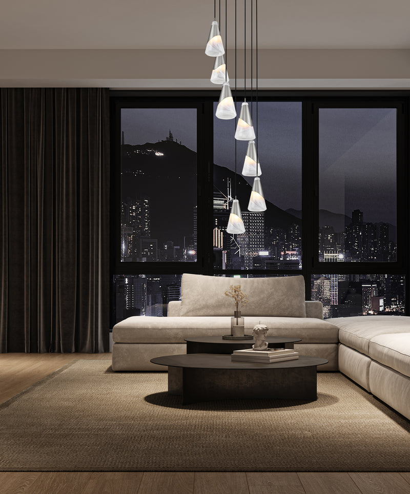 Aimie 7 Light 18" Pendant, 13.25" Tall in Brushed Nickel in a room setting