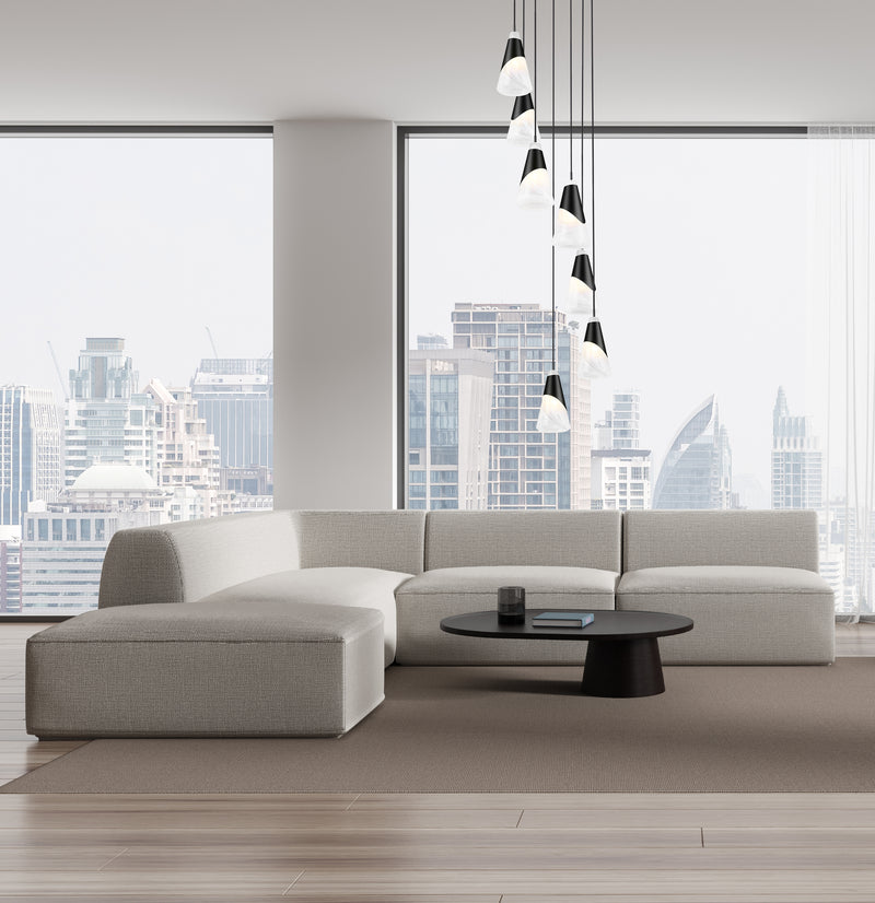 Aimie 7 Light 18" Pendant, 13.25" Tall in Matte Black in a room setting