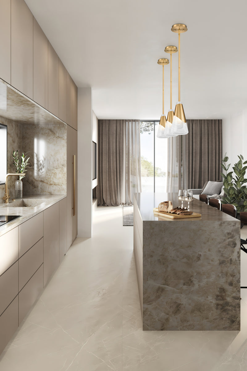 Aimie 1 Light 6" Pendant, Rod Mount in Modern Gold in a room setting