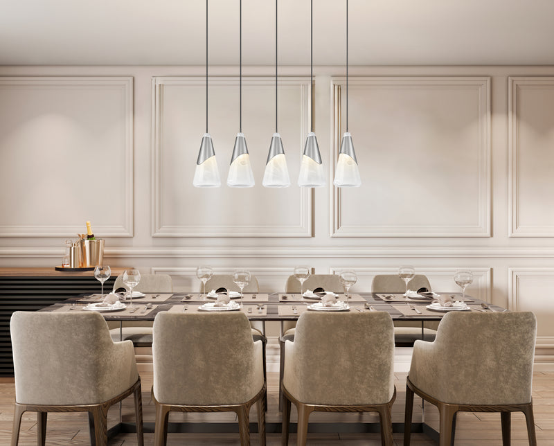 Aimie 5 Light 42" Linear Pendant, 15.75" Tall in Brushed Nickel in a room setting