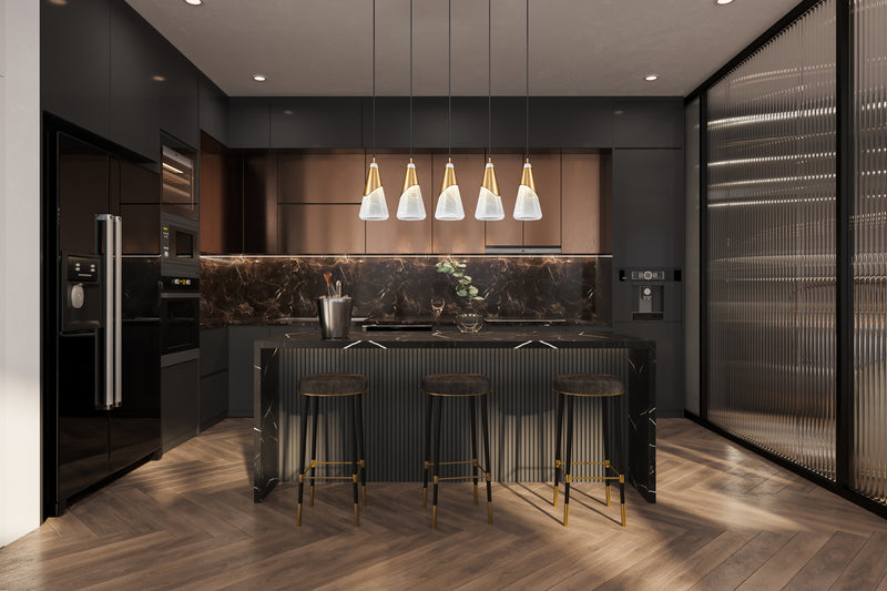 Aimie 5 Light 42" Linear Pendant, 15.75" Tall in Modern Gold in a room setting