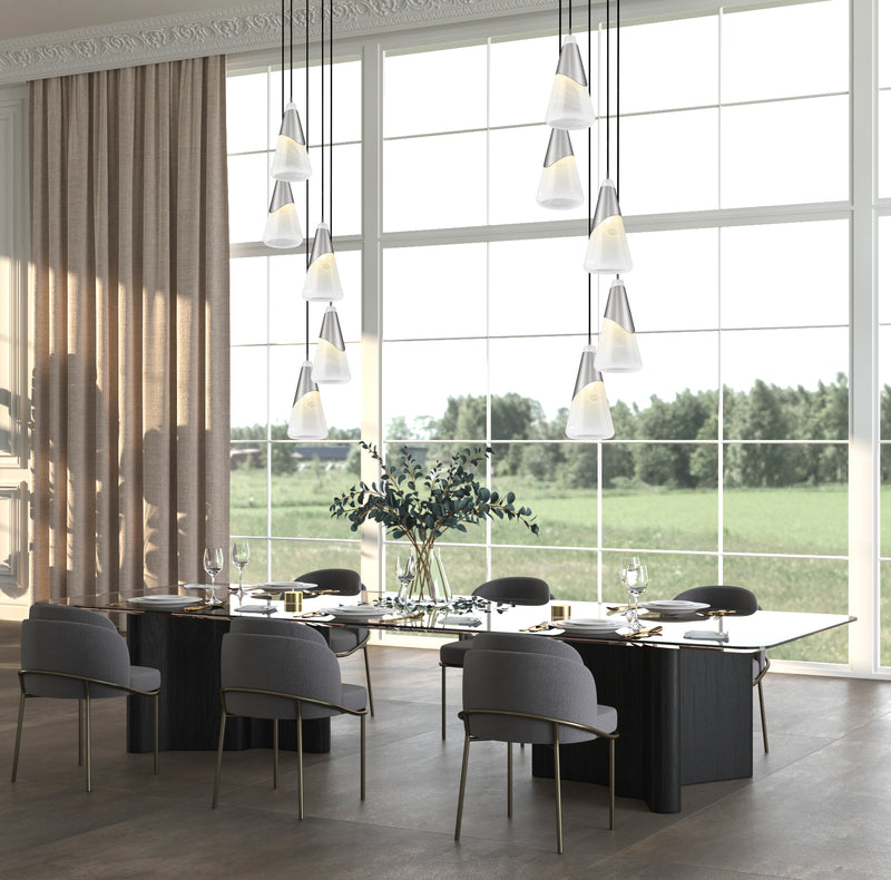Aimie 5 Light 12" Pendant, 15.75" Tall in Brushed Nickel in a room setting