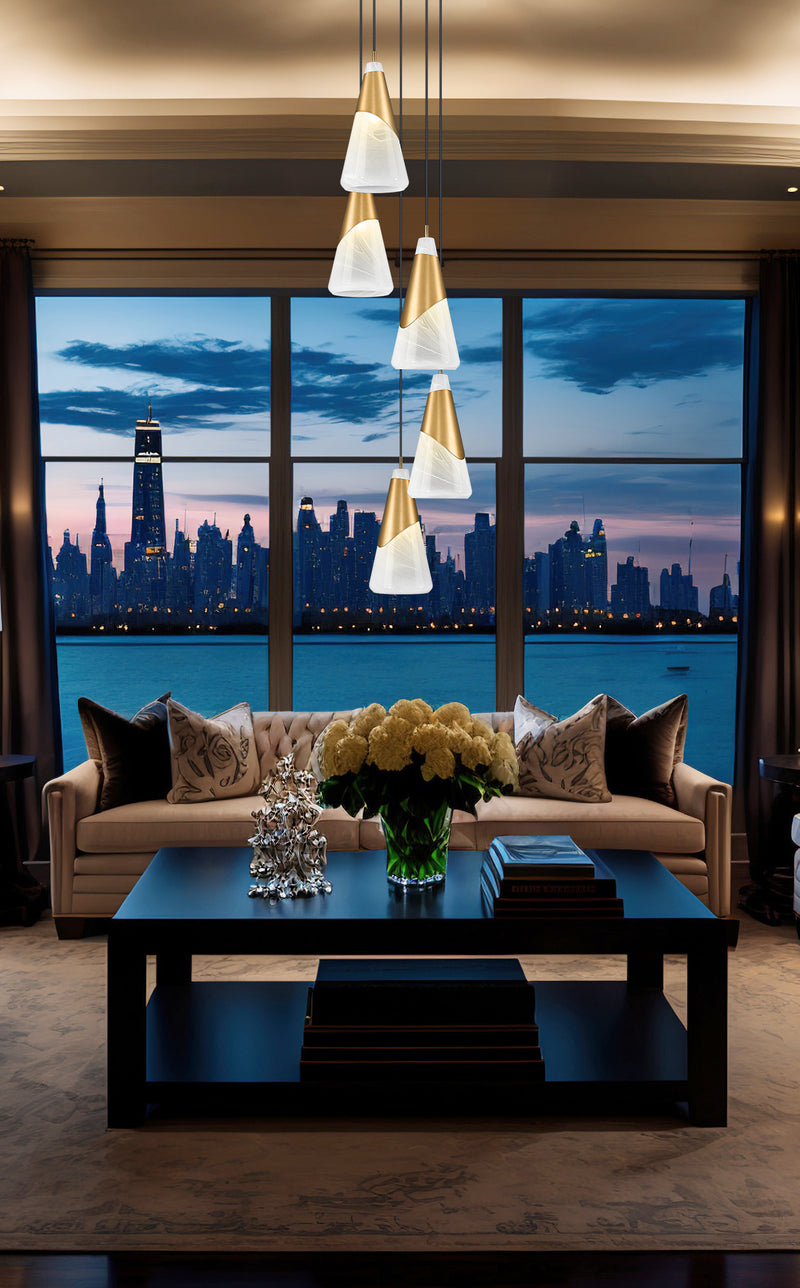 Aimie 5 Light 12" Pendant, 15.75" Tall in Modern Gold in a room setting