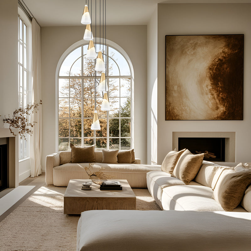 Aimie 7 Light 18" Pendant, 15.75" Tall in Modern Gold in a room setting