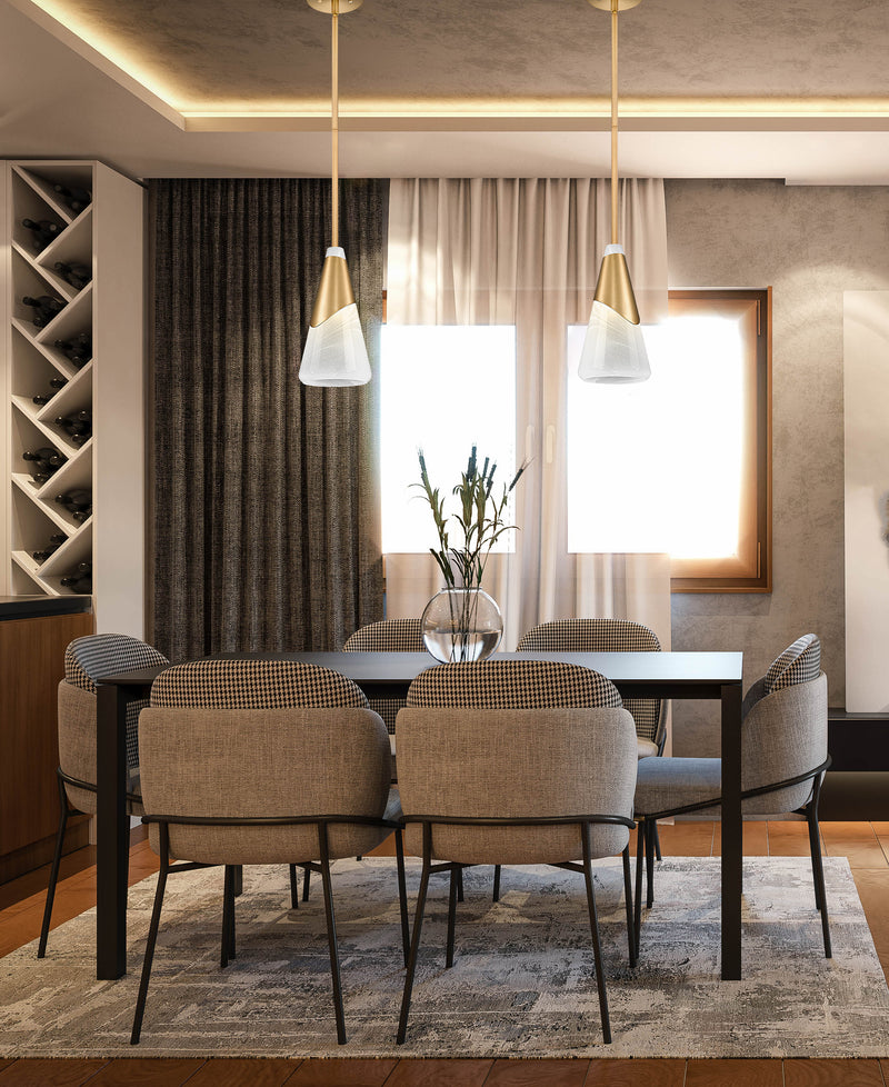 Aimie 1 Light 7" Pendant, Rod Mount in Modern Gold in a room setting
