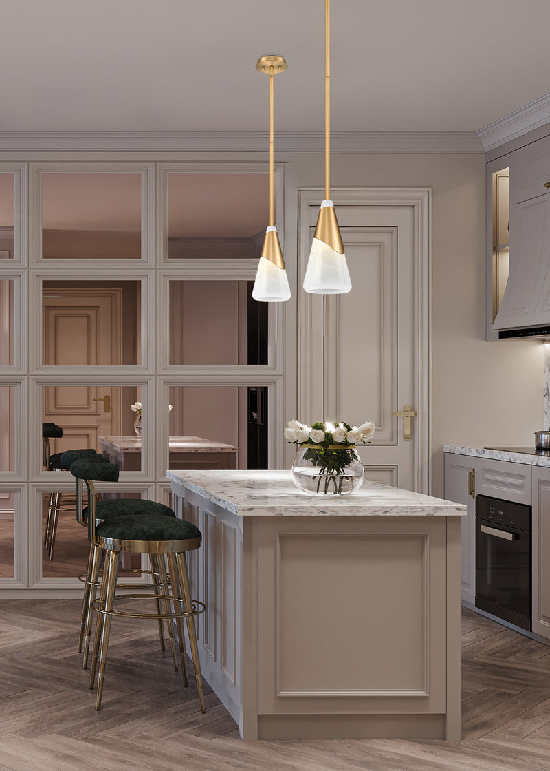 Aimie 1 Light 7" Pendant, Rod Mount in Modern Gold in a room setting