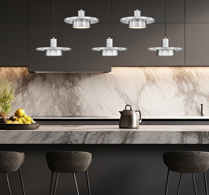 Ludo 5 Light 51.5" Linear Pendant in Brushed Nickel in a room setting
