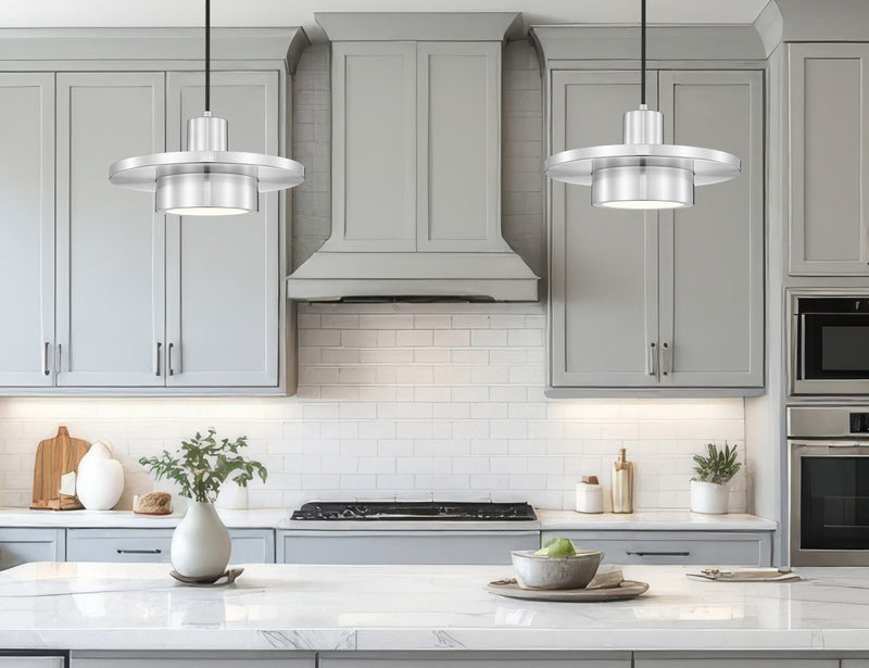 Ludo 1 Light 12" Pendant in Brushed Nickel in a room setting