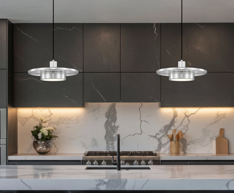 Ludo 1 Light 16" Pendant in Brushed Nickel in a room setting