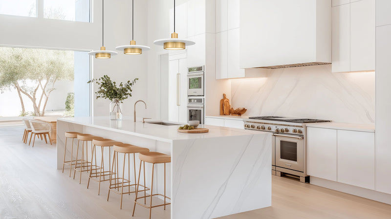Ludo 1 Light 16" Pendant in Matte White + Modern Gold in a room setting