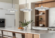 Ludo 1 Light 20" Pendant in Brushed Nickel in a room setting