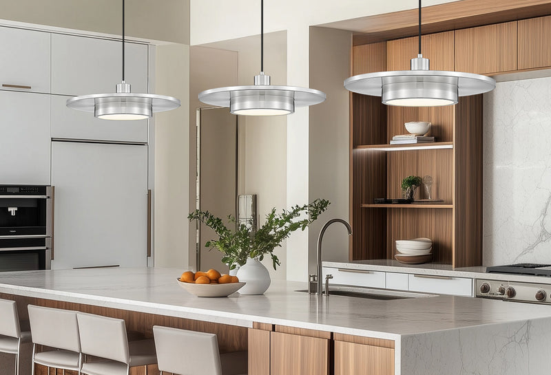 Ludo 1 Light 20" Pendant in Brushed Nickel in a room setting