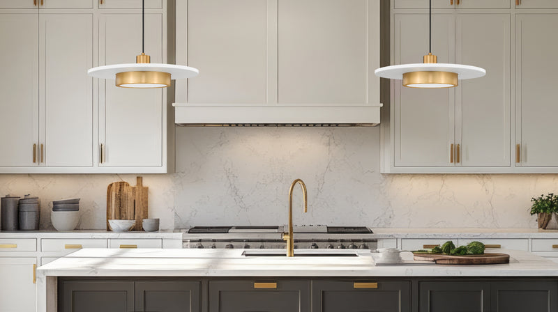 Ludo 1 Light 20" Pendant in Matte White + Modern Gold in a room setting