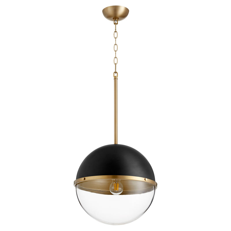 Soft Contemporary 14" Globe Pendant in Textured Black / Aged Brass