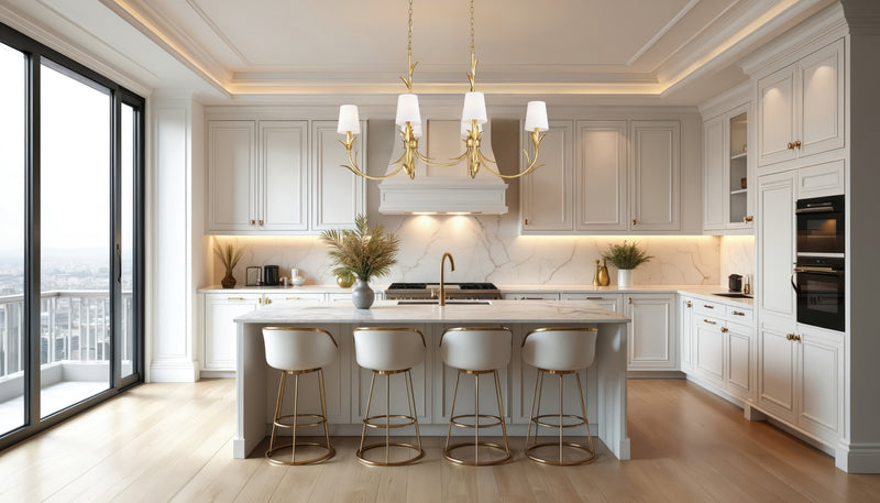 Aslin 6 Light 44" Linear Pendant in Gold Leaf in a room setting