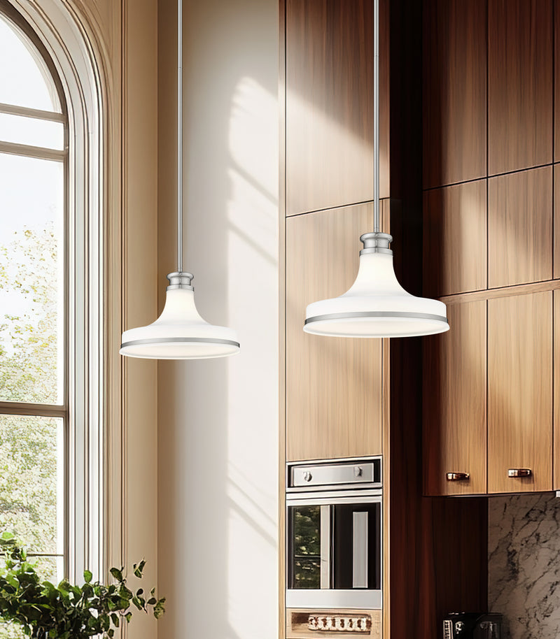 Reznor 1 Light 12" Pendant in Brushed Nickel in a room setting