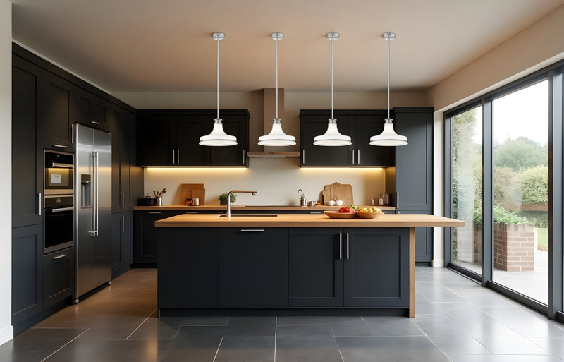 Reznor 1 Light 12" Pendant in Brushed Nickel in a room setting