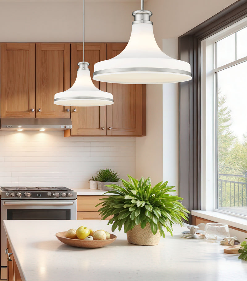 Reznor 1 Light 18" Pendant in Brushed Nickel in a room setting