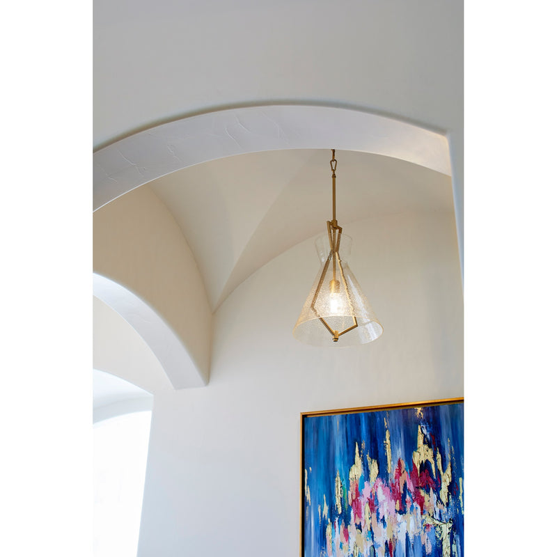 Stone Seeded Glass 1 Light Pendant in Aged Brass