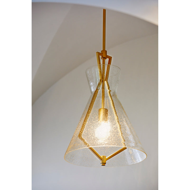 Stone Seeded Glass 1 Light Pendant in Aged Brass