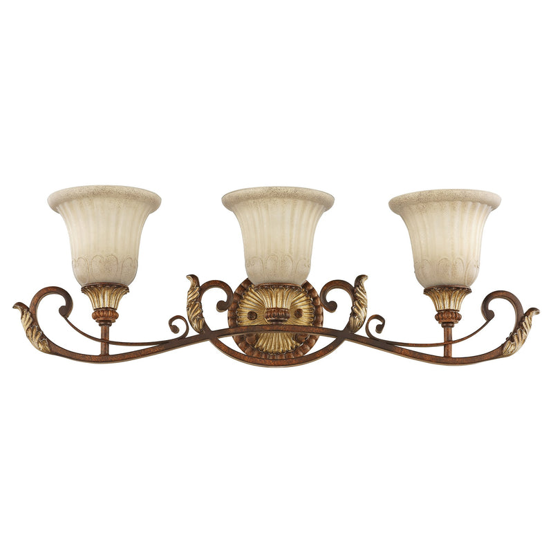 Villa Verona 3-Light Bath Vanity Light in Hand Applied Verona Bronze with Aged Gold Leaf Accents