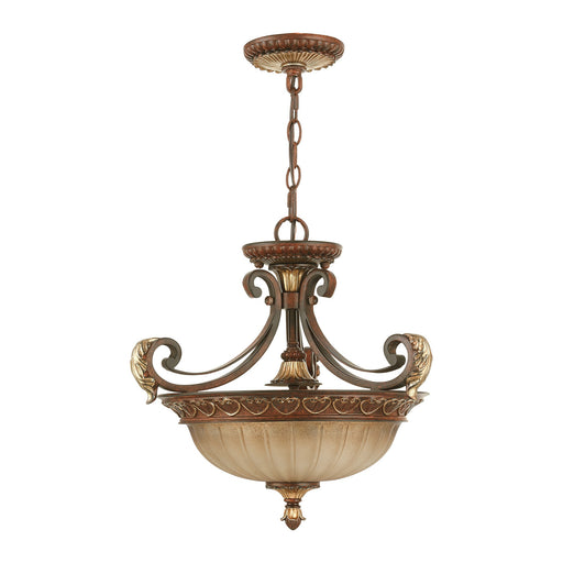 Villa Verona 3-Light Convertible Pendant / Semi-Flush Mount in Hand Applied Verona Bronze with Aged Gold Leaf Accents