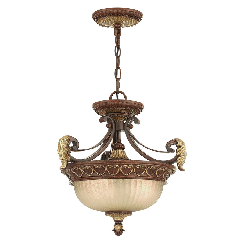 Villa Verona 2-Light Convertible Pendant / Semi-Flush Mount in Hand Applied Verona Bronze with Aged Gold Leaf Accents