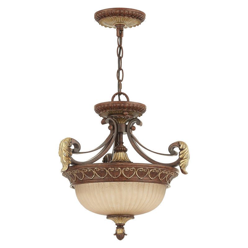 Villa Verona 2-Light Convertible Pendant / Semi-Flush Mount in Hand Applied Verona Bronze with Aged Gold Leaf Accents