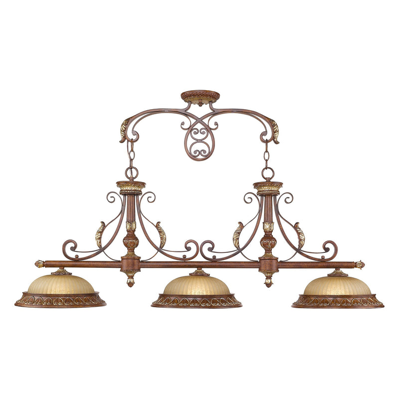 Villa Verona 3-Light Linear Chandelier in Hand Applied Verona Bronze with Aged Gold Leaf Accents