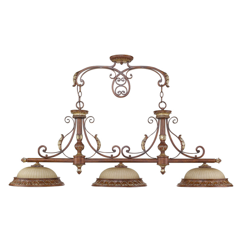 Villa Verona 3-Light Linear Chandelier in Hand Applied Verona Bronze with Aged Gold Leaf Accents