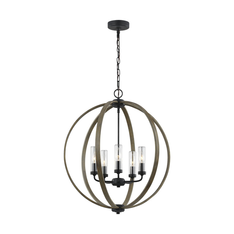 Allier 5-Light Outdoor Pendant in Weathered Oak Wood / Antique Forged Iron