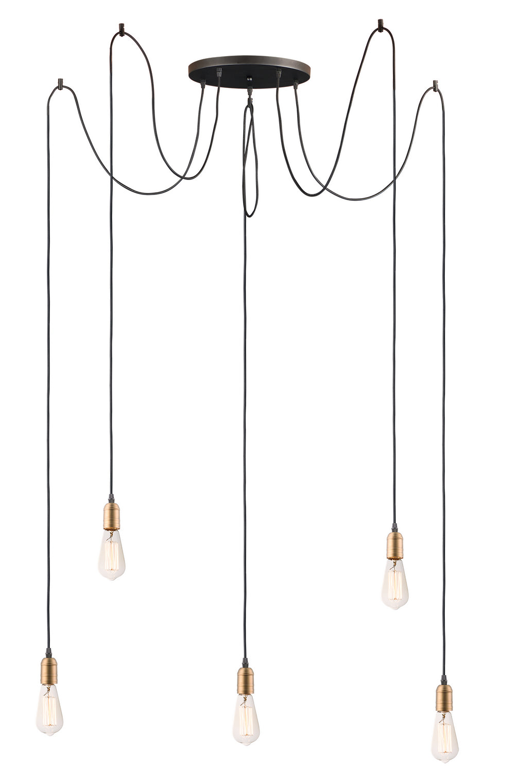 Early Electric Five Light Pendant in Black / Antique Brass