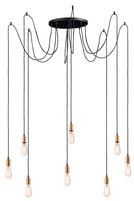 Early Electric Eight Light Pendant in Black / Antique Brass