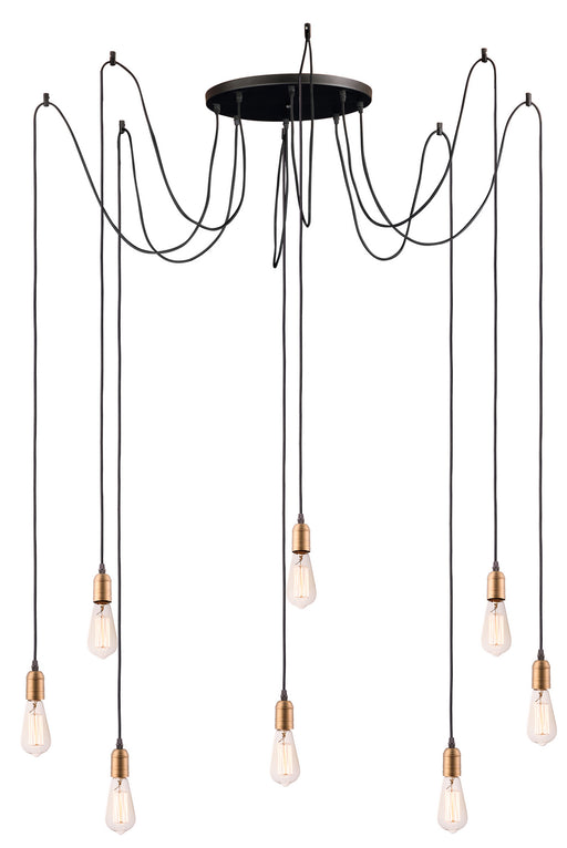 Early Electric Eight Light Pendant in Black / Antique Brass