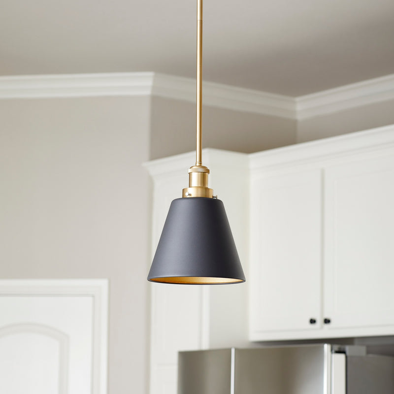 Transitional 8" Cone Pendant in Textured Black / Aged Brass