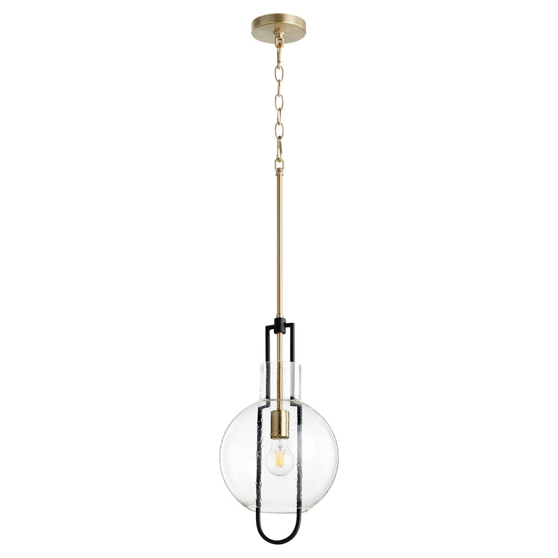 Stone Seeded Glass 10" Pendant in Textured Black / Aged Brass
