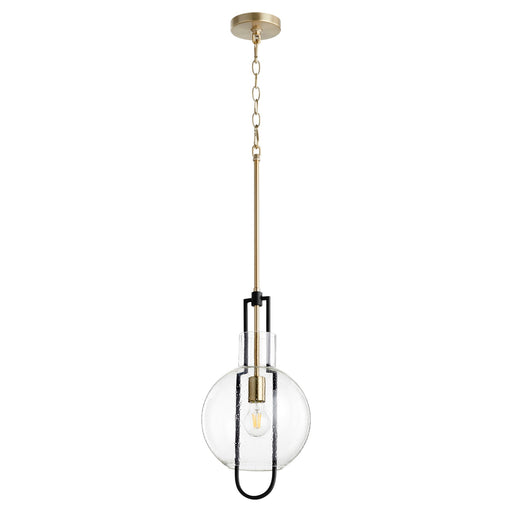 Stone Seeded Glass 10" Pendant in Textured Black / Aged Brass