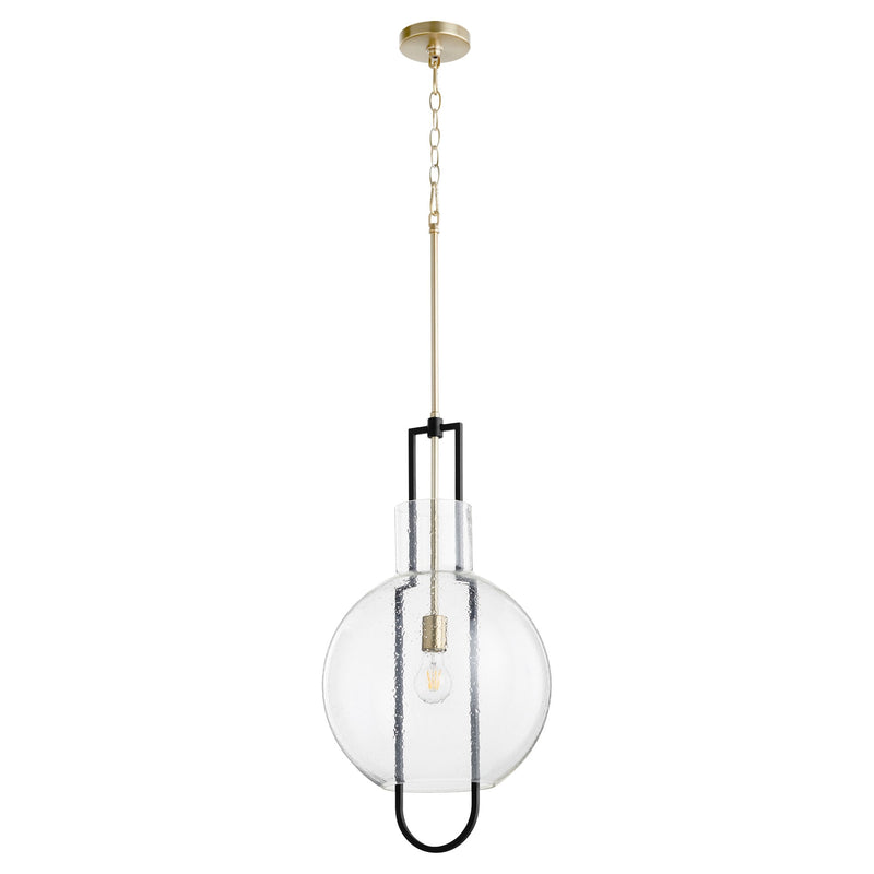 Stone Seeded Glass 14" Pendant in Textured Black / Aged Brass