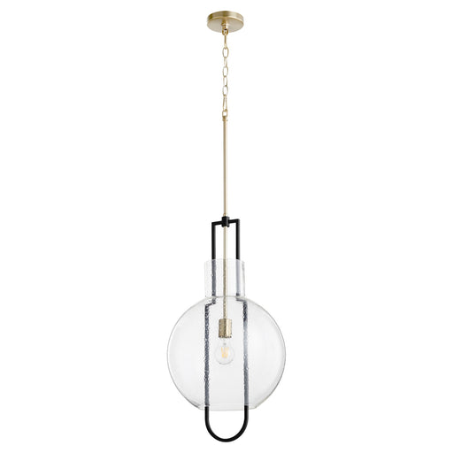 Stone Seeded Glass 14" Pendant in Textured Black / Aged Brass