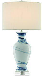 Hanni 1-Light Table Lamp in White & Blue with Off-White Shantung Shade - Lamps Expo