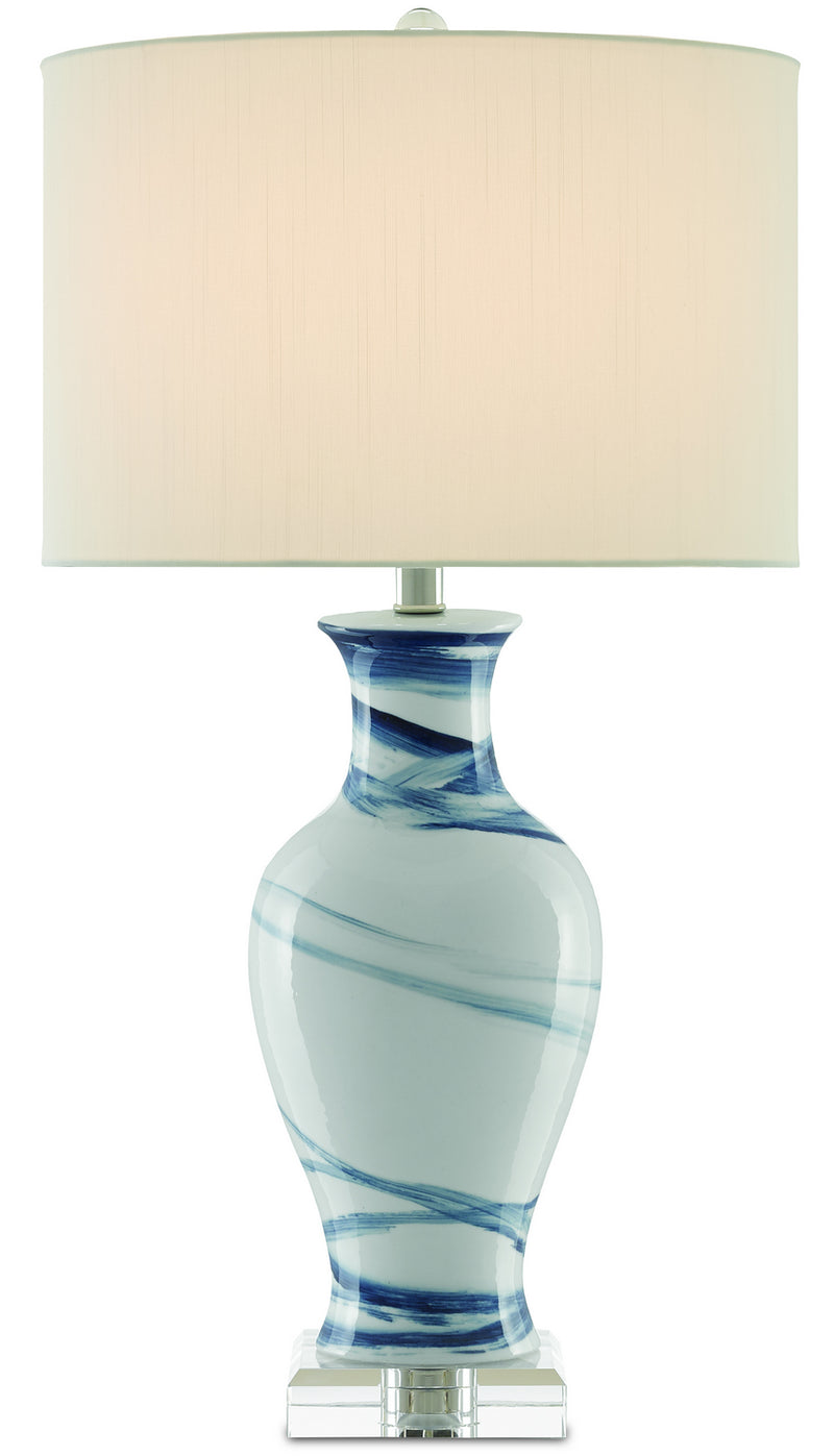 Hanni 1-Light Table Lamp in White & Blue with Off-White Shantung Shade - Lamps Expo