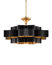 Grand Lotus 6-Light Large Drum Pendant in Satin Black / Contemporary Gold Leaf