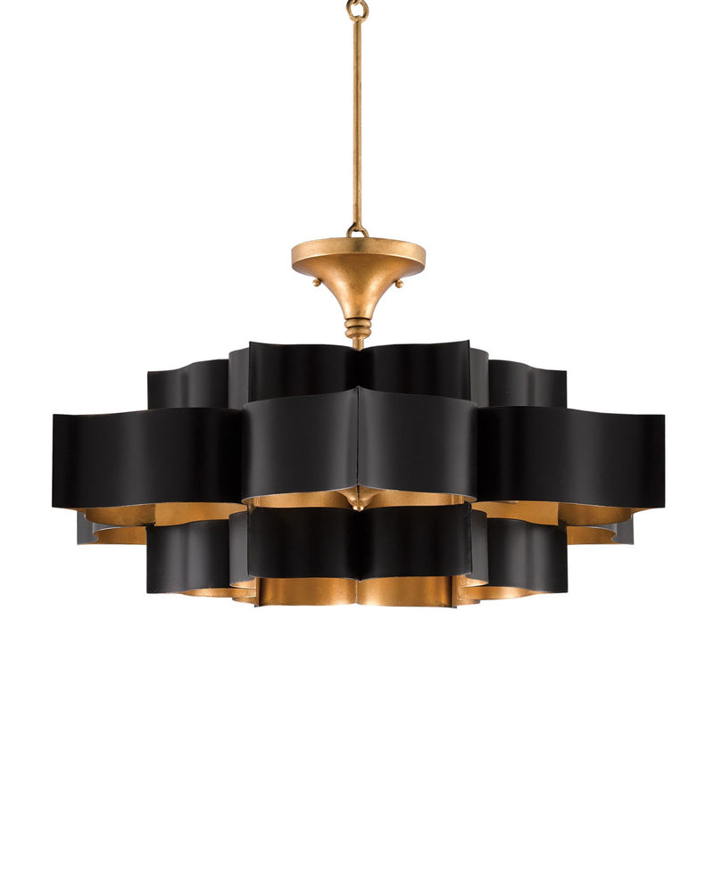 Grand Lotus 6-Light Large Drum Pendant in Satin Black / Contemporary Gold Leaf