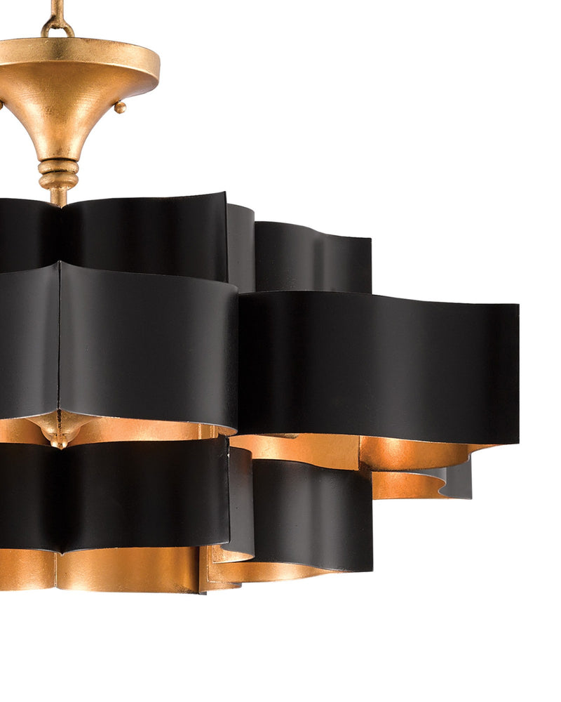 Grand Lotus 6-Light Large Drum Pendant in Satin Black / Contemporary Gold Leaf